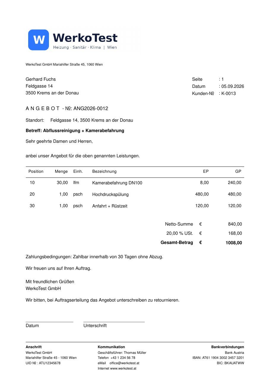 Angebot als PDF mit Logo, Positionen und Summen